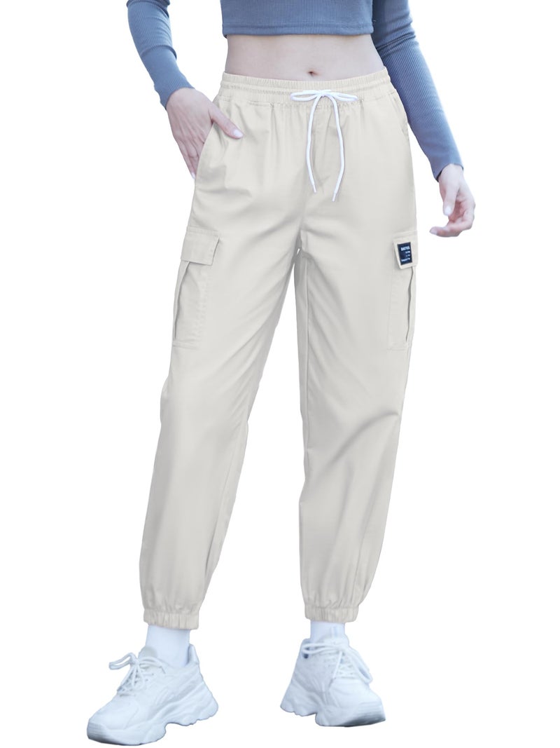SANGTREE Girls Cargo Pants, Elastic Waist Drawstring Loose Tapered Multi Pockets Cargo Jogger Pants for Girl, Beige, 9-10 Years Big Kid = Tag 150 - Image 1